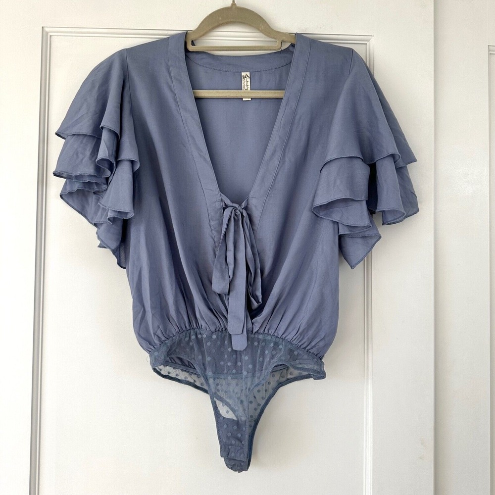 Intimately Free People Call Me Later Ruffle Plunge Bodysuit Morning Sky Blue xs